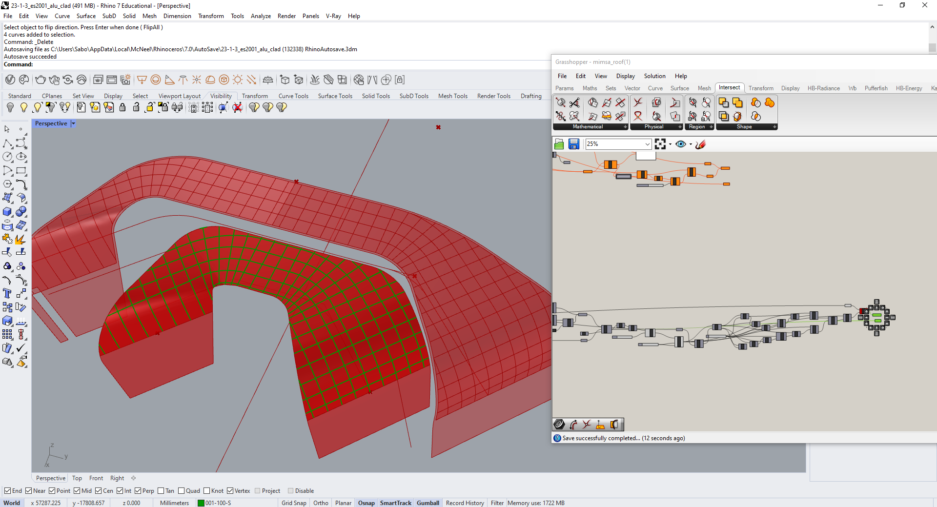 Rhino and Grasshopper interface showing a curved Central Bank of Iraq facade segment